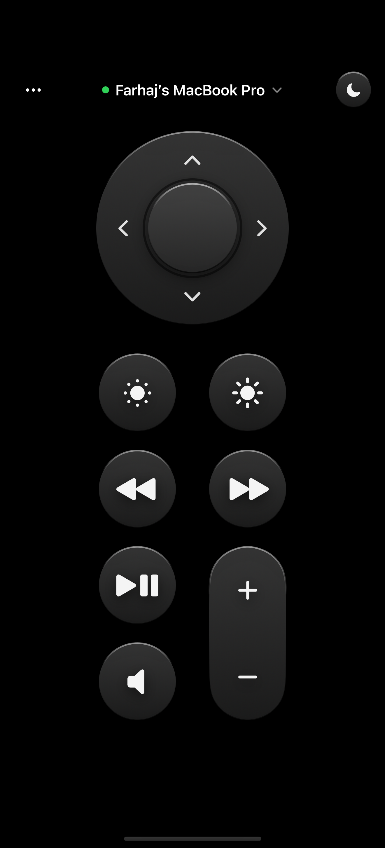 The Rimote remote interface: directional clickpad, brightness, skip, play-pause, mute, and a vertical volume capsule